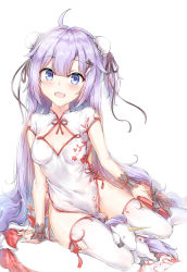 Rule 34 | 1girl, :d, ahoge, arm support, arm warmers, azur lane, bare hips, black ribbon, blue eyes, blush, box, breasts, bun cover, china dress, chinese clothes, cleavage, cleavage cutout, clothing cutout, covered navel, double bun, dress, flower knot, gift, gift box, groin, hair between eyes, hair bun, hair ornament, hair ribbon, hairclip, highres, holding, holding gift, long hair, looking at viewer, medium breasts, no panties, no shoes, open mouth, pelvic curtain, purple eyes, purple hair, ribbon, short sleeves, side bun, side slit, sidelocks, simple background, sitting, small breasts, smile, solo, stuffed animal, stuffed pegasus, stuffed toy, stuffed unicorn, stuffed winged unicorn, tassel, thighhighs, thighs, unicorn (azur lane), unicorn (the gift of spring) (azur lane), unicorn (the gift of spring) (azur lane), very long hair, white background, white dress, white thighhighs, wrist cuffs, xin (zinc), yokozuwari