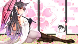 Rule 34 | 1girl, absurdres, animal ears, ass, atago (azur lane), azur lane, black hair, blush, breasts, cherry blossoms, dog, feet, highres, large breasts, long hair, looking at viewer, lying, mole, on side, pantyhose, smile, soles, tatami, toes, yellow eyes