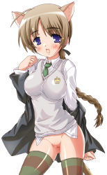 Rule 34 | 00s, 1girl, ahoge, animal ears, blue eyes, bottomless, braid, brown hair, cat ears, cleft of venus, green necktie, kadokawa shoten, lynette bishop, multicolored clothes, multicolored legwear, necktie, pussy, simple background, single braid, solo, standing, strike witches, striped clothes, striped thighhighs, testa, thighhighs, uncensored, white background, world witches series
