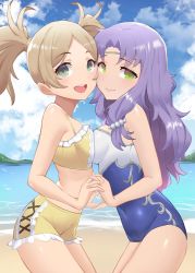 Rule 34 | 2girls, beach, bikini, bikini shorts, blonde hair, breast press, breasts, covered navel, fire emblem, fire emblem: the blazing blade, fire emblem awakening, fire emblem heroes, florina (fire emblem), green eyes, grey eyes, highres, holding hands, lissa (fire emblem), long hair, multiple girls, nintendo, ocean, one-piece swimsuit, purple hair, sand, shorts, smile, swimsuit, symmetrical docking, twintails, vuxer