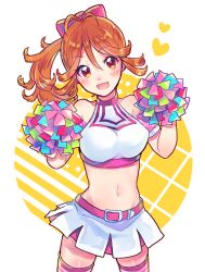 Rule 34 | 1girl, :d, antenna hair, bare shoulders, belt, blush, bow, cheerleader, cowboy shot, crop top, fuji fujino, hair bow, heart, long hair, looking at viewer, midriff, navel, open mouth, orange hair, pom pom (cheerleading), ponytail, red eyes, simple background, skirt, smile, solo, striped, striped background, thighhighs, tokyo 7th sisters, usuta sumire, zettai ryouiki