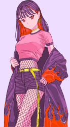 Rule 34 | 1girl, belt, breasts, chain, colored inner hair, cowboy shot, dende (dndn222), earrings, expressionless, fishnet pantyhose, fishnets, flame print, highres, jewelry, long sleeves, looking at viewer, medium breasts, midriff, multicolored hair, off shoulder, original, pantyhose, pink shirt, purple background, purple hair, red eyes, red hair, shirt, short sleeves, shorts, simple background, sleeves past wrists, solo, two-tone hair, yellow belt