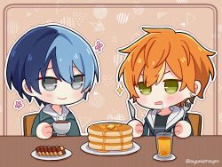 Rule 34 | 2boys, aoyagi touya, biyo, blonde hair, blue hair, blush, closed mouth, coffee, commentary, cup, dark blue hair, drawstring, drooling, ear chain, flower, food, fork, glass, green eyes, grey eyes, highres, holding, holding cup, holding fork, holding knife, hood, hoodie, ice, juice, knife, looking at another, male focus, multicolored hair, multiple boys, open mouth, orange hair, pancake, plate, project sekai, shinonome akito, short hair, smile, sparkle, split-color hair, streaked hair, syrup, twitter username, two-tone hair, upper body