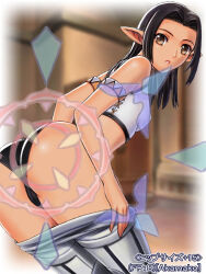 Rule 34 | 1girl, archived source, ass, adventurer (ff11), bare shoulders, bent over, black hair, black panties, blurry, blurry background, breasts, brown eyes, clothes pull, elf, elvaan, final fantasy, final fantasy xi, hair intakes, legs together, long hair, looking at viewer, panties, pantyhose, pantyhose pull, pink lips, pointy ears, pulled by self, reticule, ringed eyes, small breasts, solo, standing, straight hair, taisai soft, thighs, underwear, white pantyhose