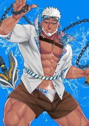 Rule 34 | 1boy, abs, aegir (housamo), anchor, aqua hair, bara, beard, blue eyes, brown shorts, bulge, chain, chest belt, dark-skinned male, dark skin, eyewear on head, facial hair, feet out of frame, highres, holding, holding anchor, large pectorals, looking at viewer, male focus, male pubic hair, male swimwear, maorenc, mature male, multicolored hair, muscular, muscular male, navel, navel hair, open clothes, open fly, open shirt, paid reward available, pectoral cleavage, pectorals, pubic hair, shirt, short hair, shorts, smirk, solo, stomach, streaked hair, sunglasses, swim briefs, swimsuit, swimsuit under clothes, thick thighs, thighs, tokyo houkago summoners, white hair, white male swimwear, white shirt