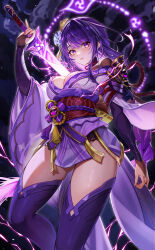 Rule 34 | 1girl, absurdres, arm up, braid, breasts, bridal gauntlets, chen ying (alan-yut), cleavage, commentary request, electricity, feet out of frame, genshin impact, highres, human scabbard, japanese clothes, kimono, large breasts, long hair, looking at viewer, low-braided long hair, low-tied long hair, medium breasts, mitsudomoe (shape), mole, mole under eye, musou isshin (genshin impact), obiage, obijime, parted lips, pink nails, purple eyes, purple hair, purple kimono, purple thighhighs, raiden shogun, solo, thighhighs, tomoe (symbol), very long hair