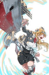 Rule 34 | 1girl, ascot, black skirt, blonde hair, blue eyes, breasts, clenched hand, commentary request, fisheye, flower, gegeron, grey shirt, grey thighhighs, headgear, highres, kantai collection, large breasts, long hair, long sleeves, machinery, military uniform, neck flower, nelson (kancolle), pencil skirt, red ascot, red flower, red rose, rose, shirt, skirt, solo, thighhighs, two-tone shirt, uniform