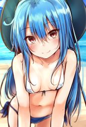 Rule 34 | 1girl, bad id, bad twitter id, bare shoulders, beach, bikini, blue bikini, blue hair, blush, breasts, closed mouth, collarbone, day, eyebrows, front-tie bikini top, front-tie top, hair between eyes, hat, head tilt, highres, hinanawi tenshi, leaning forward, long hair, looking at viewer, navel, outdoors, red eyes, sand, sketch, small breasts, smile, solo, standing, swimsuit, touhou, water, white bikini, yuhito (ablbex)