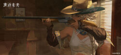 1girl aiming argus_(reverse:1999) bare_shoulders blonde_hair braid breasts brown_hat brown_sleeves cleavage copyright_name copyright_notice covered_mouth cowboy_hat detached_sleeves grey_eyes gun hands_up hat heterochromia highres holding holding_gun holding_weapon indoors logo long_hair medium_breasts official_art official_wallpaper peacock_feathers photo_(object) reverse:1999 rifle single_braid solo tank_top trigger_discipline upper_body weapon white_tank_top window window_blinds yellow_eyes