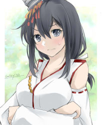 Rule 34 | 1girl, black hair, commentary request, detached sleeves, gakky, grey eyes, hair ornament, headband, headgear, japanese clothes, kantai collection, medium hair, one-hour drawing challenge, red eyes, solo, wide sleeves, yamashiro (kancolle)