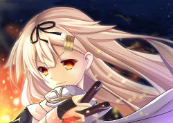 Rule 34 | 10s, 1girl, blonde hair, boli shenshe, close-up, explosion, fingerless gloves, fire, gloves, gradient background, hair flaps, hair ornament, hair ribbon, hairclip, highres, kantai collection, long hair, looking at viewer, night, red eyes, ribbon, scarf, solo, torpedo, wind, yuudachi (kancolle), yuudachi kai ni (kancolle)