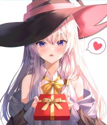 Rule 34 | 1girl, asymmetrical hair, bad id, bad pixiv id, bare shoulders, black hat, blush, box, braid, cloak, collared shirt, commentary request, dot nose, elaina (majo no tabitabi), gift, gift box, hair tubes, hat, heart, incoming gift, long hair, long sleeves, looking at viewer, majo no tabitabi, minttchocok, nail polish, neck ribbon, off shoulder, open mouth, pink nails, pov, purple eyes, ribbon, shirt, single braid, sleeveless, sleeveless shirt, solo, speech bubble, spoken heart, upper body, white hair, white shirt, witch, witch hat, yellow ribbon