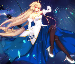 Rule 34 | 1girl, antenna hair, archetype earth, arcueid brunestud, bare shoulders, blonde hair, blue sky, breasts, brown pantyhose, chain, cleavage, closed mouth, collarbone, commentary request, detached collar, detached sleeves, dress, elbow gloves, floating hair, gloves, high heels, highres, iro (sekaixiro), long hair, looking at viewer, medium breasts, melty blood, mixed-language commentary, pantyhose, red eyes, single hair intake, skirt, sky, solo, tsukihime, very long hair, white dress, white footwear, white gloves, white sleeves