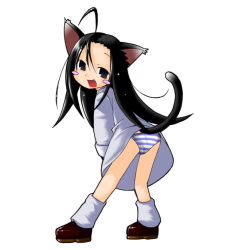 Rule 34 | 1girl, ahoge, animal ears, animification, black hair, blue panties, blush, blush stickers, cat ears, cat tail, dress, fang, kemonomimi mode, long hair, looking at viewer, looking back, loose socks, open mouth, panties, pantyshot, saba (sio), samara morgan, shoes, short dress, simple background, smile, socks, solo, standing, striped clothes, striped panties, tail, the ring, underwear, white background