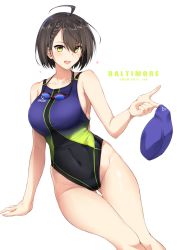 Rule 34 | 1girl, ahoge, arm support, azur lane, baltimore (azur lane), bare shoulders, blush, braid, breasts, brown hair, character name, collarbone, commentary request, competition swimsuit, covered navel, goggles, goggles around neck, groin, hair between eyes, halcon, heart, highleg, highleg swimsuit, highres, holding, large breasts, looking at viewer, multicolored clothes, multicolored swimsuit, one-piece swimsuit, open mouth, short hair, simple background, sitting, skindentation, smile, solo, swim cap, swimsuit, thighs, white background, yellow eyes