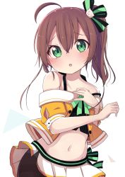 Rule 34 | 1girl, :o, absurdres, ahoge, bare shoulders, black camisole, black pantyhose, blush, bow, brown hair, camisole, cat hair ornament, collarbone, commentary request, crop top, green bow, green eyes, groin, hair between eyes, hair ornament, hand over heart, highres, hololive, jacket, long hair, looking at viewer, midriff, natsuiro matsuri, natsuiro matsuri (1st costume), navel, off-shoulder jacket, off shoulder, okota mikan, orange jacket, panties, panties under pantyhose, pantyhose, parted lips, pinstripe camisole, pinstripe pattern, pleated skirt, puffy short sleeves, puffy sleeves, short sleeves, side ponytail, skirt, solo, striped, teeth, thighband pantyhose, underwear, upper teeth only, virtual youtuber, white background, white panties, white skirt