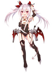 Rule 34 | 1girl, arm up, azur lane, belt, black thighhighs, blush, bra, breasts, chain, fang, full body, garter belt, gluteal fold, hair ornament, hair ribbon, highres, looking at viewer, metal wings, nipple slip, nipples, open mouth, panties, red eyes, ribbon, silver hair, small breasts, thighhighs, torn clothes, torn wings, twintails, underwear, vampire (azur lane), weapon, white background, wings