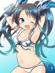 Rule 34 | 1girl, ;d, armpits, arms behind head, bad id, bad pixiv id, bikini, blue hair, blush, breasts, karin (p&amp;d), long hair, mashiro miru, navel, one eye closed, open mouth, puzzle &amp; dragons, small breasts, smile, solo, swimsuit, tail, twintails, twitter username, white bikini