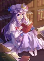 Rule 34 | 1girl, adjusting eyewear, bad id, bad pixiv id, barefoot, bespectacled, book, bookshelf, bow, colored eyelashes, crescent, female focus, glasses, hair bow, hat, highres, indoors, kumio, light purple hair, long hair, open book, patchouli knowledge, pigeon-toed, purple eyes, purple hair, reading, sitting, solo, touhou
