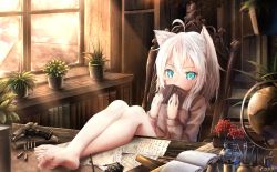 Rule 34 | 1girl, ahoge, animal ear fluff, animal ears, bare legs, barefoot, blue eyes, blush, book, brown shirt, cartridge, cat ears, cat girl, crossed ankles, cup, day, drinking glass, explosive, flower, flower pot, globe, grenade, gun, highres, holding, holding book, indoors, jar, legs on table, legs up, long hair, long sleeves, long toenails, looking at viewer, on chair, open book, open mouth, original, paper, plant, potted plant, red flower, shirt, signature, simple background, sitting, slit pupils, solo, spider lily, stairs, sunlight, table, toenails, toes, utatanecocoa, vase, water, weapon, white hair, window, windowsill, wolf ears, wooden chair, wooden table