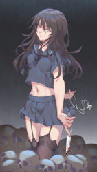 Rule 34 | 1girl, blood, bloody weapon, blue eyes, blue sailor collar, blue shirt, blue skirt, brown hair, brown thighhighs, closed mouth, commentary, cowboy shot, cropped shirt, cross, cross necklace, english commentary, garter straps, hair between eyes, head tilt, highres, holding, holding knife, jewelry, kamkac, knife, long hair, looking at viewer, midriff, miniskirt, navel, necklace, necktie, original, purple necktie, sailor collar, school uniform, serafuku, shirt, short sleeves, skirt, smile, solo, standing, thighhighs, weapon