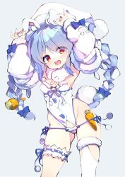 Rule 34 | 1girl, adapted costume, animal ears, armpits, arms up, blue bow, blue hair, bow, braid, breasts, carrot hair ornament, cleavage, commentary request, detached sleeves, don-chan (usada pekora), food-themed hair ornament, fujishima-sei ichi-gou, fur-trimmed headwear, fur-trimmed legwear, fur-trimmed panties, fur-trimmed sleeves, fur trim, grey background, groin, hair bow, hair ornament, hair over one eye, hand on own ear, hat, highres, hololive, leotard, long sleeves, looking at viewer, multicolored hair, open mouth, panties, puffy long sleeves, puffy sleeves, rabbit ears, rabbit tail, red eyes, santa costume, santa hat, short eyebrows, side-tie panties, simple background, single thighhigh, sleeves past wrists, small breasts, standing, teeth, thick eyebrows, thighhighs, twin braids, twintails, two-tone hair, underwear, upper teeth only, usada pekora, usada pekora (1st costume), virtual youtuber, white hair, white hat, white leotard, white panties, white sleeves, white thighhighs