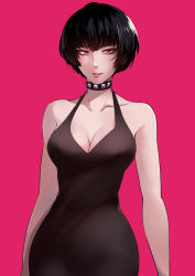 Rule 34 | 1girl, absurdres, arms at sides, black hair, blueriest, breasts, cleavage, cowboy shot, dress, halter dress, halterneck, highres, large breasts, persona, persona 5, pink background, pink lips, red eyes, short hair, simple background, solo, standing, studded choker, takemi tae