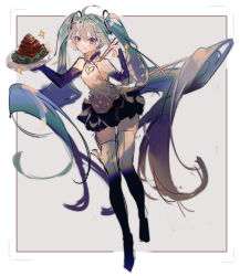 Rule 34 | 1girl, :&gt;, absurdly long hair, aqua hair, bare shoulders, black skirt, black sleeves, black thighhighs, chinese commentary, chinese food, chopsticks, cleavage cutout, clothing cutout, commentary, detached sleeves, food, food art, full body, gold trim, grey background, hair ornament, hands up, hatsune miku, hatsune miku (vocaloid4), hatsune miku (vocaloid4) (chinese), heart, heart cutout, holding, holding chopsticks, holding plate, left-handed, long hair, looking at viewer, mamenomoto, miniskirt, pagoda, plate, pleated skirt, pork, shirt, skirt, sleeveless, sleeveless shirt, smile, solo, sparkle, thighhighs, twintails, v-shaped eyebrows, very long hair, vocaloid, white shirt, zettai ryouiki