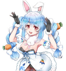 Rule 34 | 1041 (toshikazu), 1girl, :d, animal ear fluff, animal ears, armpits, arms up, bare shoulders, black gloves, black leotard, black pantyhose, blue hair, blush, braid, breasts, carrot hair ornament, cleavage, coat, coat dress, contrapposto, cowboy shot, detached sleeves, don-chan (usada pekora), dress, food-themed hair ornament, fur-trimmed coat, fur-trimmed gloves, fur scarf, fur trim, gloves, hair ornament, hikimayu, hololive, leaning forward, leotard, leotard under clothes, long hair, looking at viewer, medium breasts, multicolored hair, open mouth, orange eyes, pantyhose, playboy bunny, puffy short sleeves, puffy sleeves, rabbit-shaped pupils, rabbit ears, rabbit girl, rabbit pose, scarf, short eyebrows, short sleeves, sidelocks, simple background, smile, solo, strapless, strapless coat, strapless dress, strapless leotard, swept bangs, symbol-shaped pupils, teeth, twin braids, twintails, two-tone hair, upper teeth only, usada pekora, usada pekora (1st costume), virtual youtuber, white background, white coat, white hair, white scarf, white sleeves