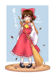 Rule 34 | 1girl, ascot, black footwear, blue background, blush, bow, breath, broom, brown gloves, brown hair, chest sarashi, commentary request, detached sleeves, falling leaves, frilled bow, frilled hair tubes, frills, gloves, hair bow, hair tubes, hakurei reimu, highres, holding, holding broom, leaf, mary janes, medium hair, open mouth, orange scarf, red bow, red eyes, red skirt, ribbon-trimmed sleeves, ribbon trim, sarashi, scarf, shitacemayo, shoes, skirt, skirt set, socks, solo, touhou, translated, twitter username, yellow ascot