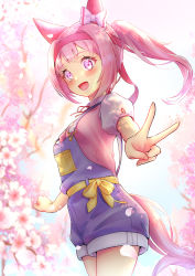 Rule 34 | 1girl, absurdres, animal ears, blush, bow, cherry blossoms, ear covers, flower-shaped pupils, flower in eye, hair bow, hair intakes, haru urara (umamusume), headband, highres, horse ears, horse girl, horse tail, long hair, open mouth, outstretched arm, overall shorts, overalls, petals, peteron, pink eyes, pink hair, pink shirt, ponytail, revision, ribbon, shirt, short sleeves, smile, symbol-shaped pupils, symbol in eye, tail, tree, umamusume, v