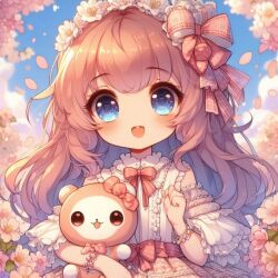 Rule 34 | 1girl, ai-generated, blue eyes, blush, bow, bowtie, bracelet, brown hair, cherry blossoms, child, dall-e, detached sleeves, dress, falling petals, flower, frilled dress, frilled sleeves, frills, hair bow, hair flower, hair ornament, jewelry, long hair, looking at viewer, multicolored hair, non-web source, petals, pink bow, pink bowtie, pink flower, pink hair, rainbow in eye, skirt, smile, solo, stuffed animal, stuffed toy, teddy bear, teddy bear ornament, teeth, upper body, upper teeth only, waist bow, white dress, white flower