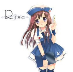 Rule 34 | 1girl, :d, black eyes, book, bow, bowtie, braid, brown hair, cowboy shot, dress, leaning forward, long hair, looking at viewer, nurse, open mouth, original, puffy short sleeves, puffy sleeves, shadow, short sleeves, smile, solo, thermometer, thighhighs, touto seiro, white background, wrist cuffs