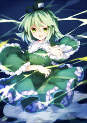 Rule 34 | 1girl, bad id, bad pixiv id, dress, electricity, ghost tail, green dress, green eyes, green hair, hat, long sleeves, matching hair/eyes, open mouth, short hair, smile, soga no tojiko, solo, tate eboshi, touhou, violet (qs312556616), wide sleeves