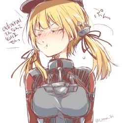 Rule 34 | 10s, 1girl, anchor hair ornament, bad id, bad pixiv id, bilingual, blonde hair, blush, closed eyes, hair ornament, hair ribbon, hat, kan&#039;yu (citron 82), kantai collection, long hair, military, military uniform, mixed-language text, peaked cap, pout, prinz eugen (kancolle), ribbon, solo, twintails, twitter username, uniform