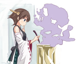 Rule 34 | 10s, 1girl, abe kanari, apron, bad food, bare shoulders, blue eyes, brown hair, cooking, detached sleeves, hairband, headgear, hiei (kancolle), japanese clothes, kantai collection, nontraditional miko, personification, plaid, pot, short hair, skirt, spoon, waist apron