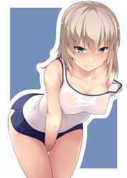 Rule 34 | 10s, 1girl, bent over, between legs, blue eyes, blush, breasts, cleavage, closed mouth, collarbone, covered erect nipples, cowboy shot, dolphin shorts, embarrassed, girls und panzer, hand between legs, highres, itsumi erika, light brown hair, medium breasts, micro shorts, nakamura yukitoshi, see-through, shirt, shorts, simple background, solo, strap slip, sweat, tank top, taut clothes, taut shirt, tsurime, wavy mouth