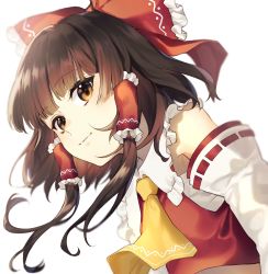 Rule 34 | 1girl, absurdres, ascot, bad id, bad twitter id, bow, brown eyes, brown hair, closed eyes, collared vest, detached sleeves, frilled bow, frilled vest, frills, hair bow, hair tubes, hakurei reimu, highres, jill 07km, looking at viewer, midriff, midriff peek, off shoulder, red bow, red vest, short hair, simple background, smile, solo, touhou, upper body, vest, white background, white sleeves, yellow ascot