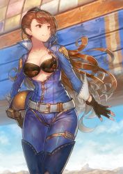 Rule 34 | 10s, 1girl, alternate costume, arm at side, beatrix (granblue fantasy), bikini, bikini top only, black gloves, blurry, boots, breasts, breasts out, brown eyes, brown hair, cleavage, collarbone, cowboy shot, depth of field, fingerless gloves, gloves, granblue fantasy, unworn headwear, helmet, unworn helmet, large breasts, long hair, looking to the side, smile, solo, swimsuit, thigh boots, thigh strap, thighhighs, tsurime, unzipped, urokoda