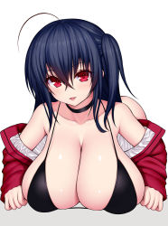 Rule 34 | 1girl, all fours, asamura hiori, azur lane, bikini, black hair, breast press, breasts, choker, hanging breasts, huge breasts, jacket, looking at viewer, official alternate costume, open clothes, open jacket, race queen, red eyes, swimsuit, taihou (azur lane), taihou (enraptured companion) (azur lane), white background