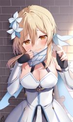 Rule 34 | 1girl, black gloves, blonde hair, blush, breasts, brick wall, cleavage, closed mouth, detached sleeves, dress, embarrassed, feather hair ornament, feathers, flower, genshin impact, gloves, hair between eyes, hair flower, hair ornament, hands up, large breasts, long bangs, looking at viewer, lumine (genshin impact), omuretsu, partially fingerless gloves, scarf, scarf pull, short dress, short hair with long locks, signature, solo, white dress, white flower, white scarf, yellow eyes