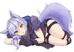 Rule 34 | 1girl, absurdres, animal ears, arknights, black gloves, black vest, chestnut mouth, commentary, gloves, hair between eyes, high collar, highres, large tail, long hair, looking at viewer, lying, on side, panties, parted lips, pink panties, provence (arknights), puffy short sleeves, puffy sleeves, purple hair, purple shirt, senmiao, shirt, short sleeves, simple background, solo, tail, thigh strap, thighs, underwear, vest, white background, wolf ears, yellow eyes