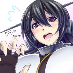Rule 34 | 10s, 1girl, black hair, blush, breasts, dated, fingerless gloves, flying sweatdrops, from below, gloves, h-new, headgear, kantai collection, looking at viewer, nagato (kancolle), open mouth, portrait, red eyes, signature, solo, upper body