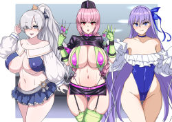 Rule 34 | 3girls, anastasia (fate), anastasia (swimsuit archer) (fate), anastasia (swimsuit archer) (third ascension) (fate), bare shoulders, belt, bikini, blue bikini, blue choker, blue eyes, blue ribbon, blue skirt, blush, bow, braid, braided ponytail, breasts, cameltoe, choker, cleavage, cleft of venus, collarbone, condom, condom packet strip, condom wrapper, fate/grand order, fate (series), florence nightingale (fate), florence nightingale (trick or treatment) (fate), frilled one-piece swimsuit, frills, gloves, gluteal fold, green bikini, green gloves, green legwear, hair bow, hair over one eye, hair ribbon, hat, highleg, highleg swimsuit, highres, holding, holding condom, holding syringe, huge breasts, jewelry, large breasts, layered bikini, licking lips, lipgloss, long hair, long sleeves, looking at viewer, meltryllis, meltryllis (fate), meltryllis (swimsuit lancer) (fate), meltryllis (swimsuit lancer) (second ascension) (fate), microskirt, miniskirt, multiple girls, muta poo, navel, necklace, nurse, nurse cap, off-shoulder one-piece swimsuit, off shoulder, official alternate costume, one-piece swimsuit, open mouth, pink belt, pink hair, ponytail, puffy long sleeves, puffy sleeves, purple belt, purple bikini, purple hair, red eyes, revealing clothes, ribbon, rubber gloves, shrug (clothing), side-tie bikini bottom, silver hair, skirt, sleeves past fingers, sleeves past wrists, small breasts, smile, swimsuit, syringe, thighs, tongue, tongue out, very long hair, white ribbon