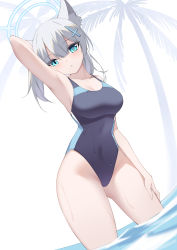 Rule 34 | 1girl, animal ears, arm up, blue archive, blue eyes, breasts, cleavage, competition swimsuit, cross hair ornament, dutch angle, grey hair, hair ornament, halo, highres, large breasts, looking at viewer, mismatched pupils, multicolored clothes, multicolored swimsuit, official alternate costume, one-piece swimsuit, rx7649, shiroko (blue archive), shiroko (swimsuit) (blue archive), solo, swimsuit, wading, water, white background
