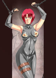 Rule 34 | 1girl, arms up, assisted exposure, bdsm, blue eyes, bondage, bound, breasts, cameltoe, chain, cleft of venus, collar, dino crisis, highres, kamo (nobuhide19790717), medium breasts, nipples, red hair, regina, short hair, solo, torn clothes
