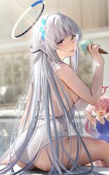 Rule 34 | 2girls, armpits, arms up, ass, backless swimsuit, bare arms, bare shoulders, blue archive, blue one-piece swimsuit, breasts, closed eyes, collarbone, from behind, halo, headgear, highres, holding, holding ice cream cone, ice cream cone, koyuki (blue archive), large breasts, light rays, long hair, looking at viewer, looking back, multiple girls, nanaken nana, noa (blue archive), one-piece swimsuit, open mouth, pink hair, pink halo, poolside, purple eyes, smile, solo focus, swimsuit, tongue, tongue out, twintails, very long hair, wet, wet clothes, wet swimsuit, white hair, white halo, white one-piece swimsuit, white swimsuit