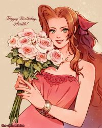Rule 34 | 1girl, aerith gainsborough, aerith gainsborough (pink dress), bangle (animal crossing), bare shoulders, bouquet, breasts, brown hair, dress, final fantasy, final fantasy vii, final fantasy vii remake, flower, green eyes, hair ribbon, happy birthday, holding, holding bouquet, jewelry, leaf, lipstick, long hair, makeup, medium breasts, necklace, official alternate costume, parted bangs, parted lips, pink dress, pink flower, pink ribbon, pink rose, ribbon, rose, sidelocks, sleeveless, sleeveless dress, smile, solo, square enix, thar chandran, upper body, wall market, wavy hair