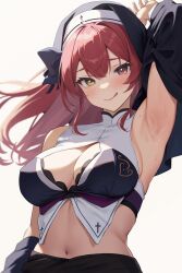 Rule 34 | 1girl, :q, absurdres, alternate costume, arm at side, arm up, armpits, bare shoulders, black bra, blush, bra, bra peek, breasts, cleavage, cleavage cutout, closed mouth, clothing cutout, commentary, crop top, habit, heterochromia, highres, hololive, houshou marine, houshou marine (nun), large breasts, long hair, looking at viewer, mole, mole on armpit, navel, nekorone0222, nun, red eyes, red hair, seductive smile, simple background, sleeveless, smile, solo, symbol-only commentary, tongue, tongue out, underwear, upper body, virtual youtuber, white background, yellow eyes