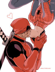 2boys arms_up brown_hair burn_scar commentary couple deadpool deadpool_(series) english_commentary hamletmachine hands_on_another&#039;s_face heart kiss male_focus marvel mask_lift multiple_boys peter_parker scar short_hair simple_background spider-man_(series) superhero_costume sword twitter_username upper_body upside-down weapon weapon_on_back white_background yaoi